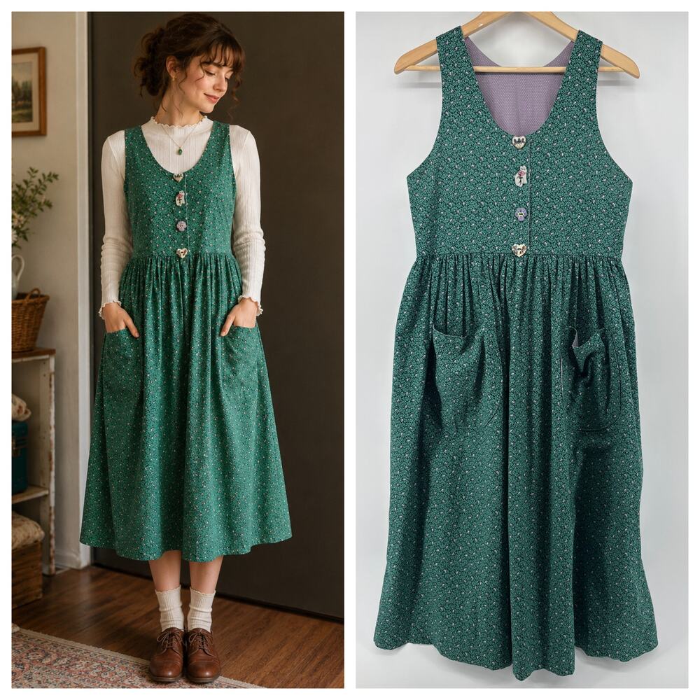 Homemade Cottagecore Jumper Dress Cats Ditsy Floral Green Pockets Prairie Garden